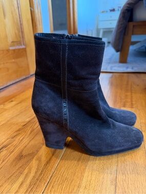Prada Black Suede Mid-Calf Block Heel Ankle Boots